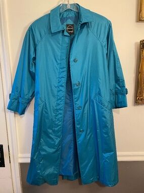 Foxland vintage teal trench coat front-button design 100% rubber coating M/L